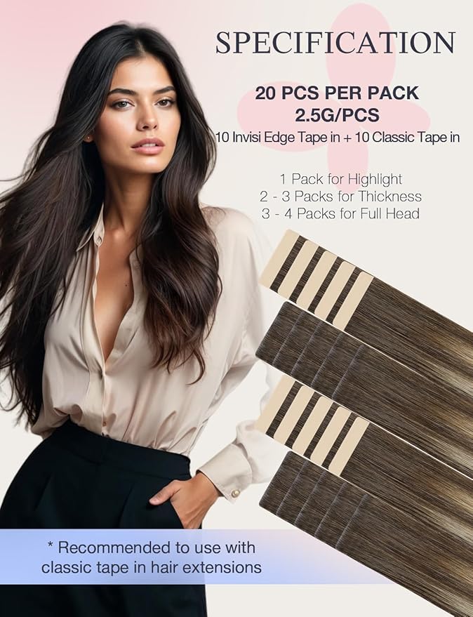 DOORES Invisi Edge Tape in Hair Extensions Real Human Hair, Chocolate Brown to Honey Blonde, 10 Injection + 10 Classic Tape-ins, 50g, 14 Inch