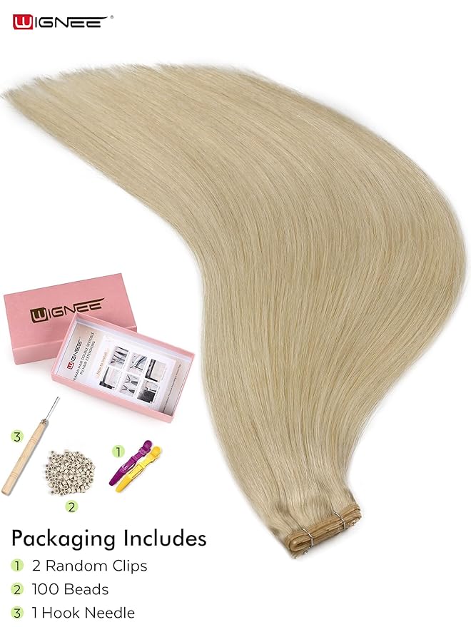 WIGNEE Double Invisible PU OVO Human Hair Extensions 100% Remy Hair Weft Blonde Hair Extensions Human Hair 2 PCS 14 Inch Glueless Wefts Micro Bead Real Human Hair Extensions (613)