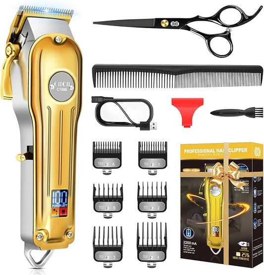 CIICII Hair Clippers for Men Professional, Cordless Barber Clippers for Hair Cutting (12Pcs Rechargeable USB Adjustable LCD Display Hair Beard Grooming Trimming Haircut Kit) for DIY Home Barber Salon