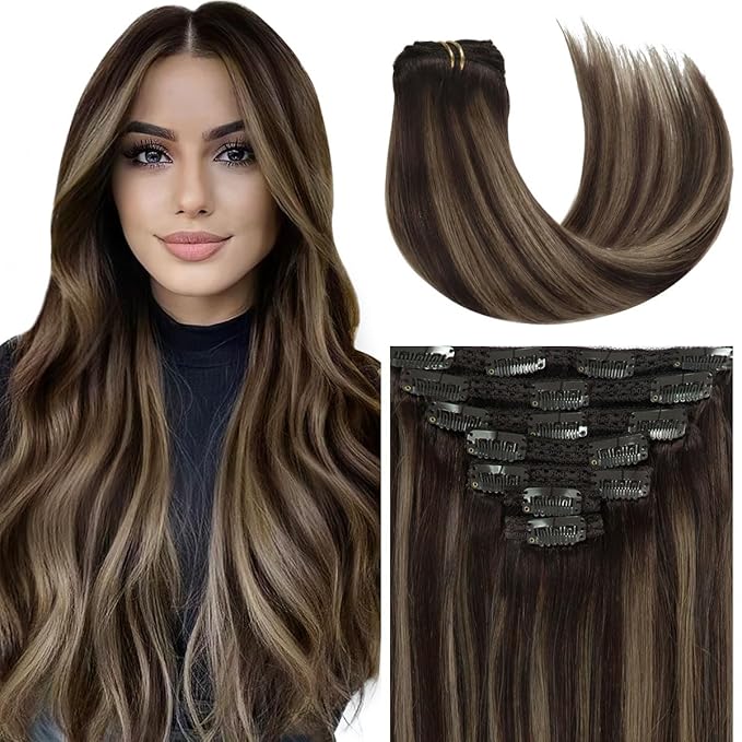 Caliee Hair Extensions Clip in Human Hair Ombre Dark Brown #2 to Dark Brown #2 and Chestnut Brown #6 with Lace Straight Real Human hair, 120g, 7Pcs 14 inch