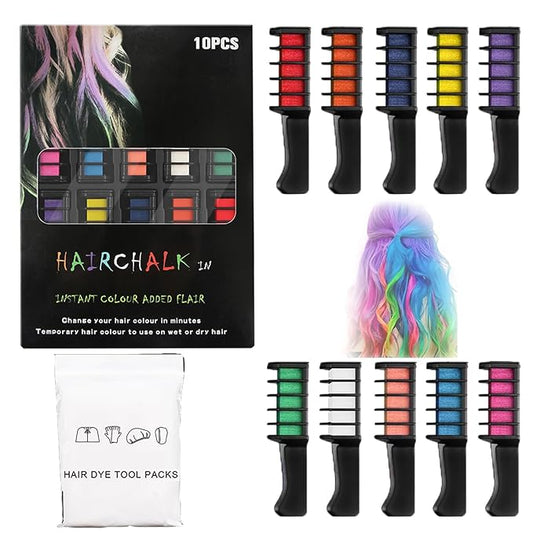 10 Colors Hair Chalk Combs Set with Gloves, Disposable Cape & Shawl, Temporary Washable Hair Color for Teens & Adults, Easy-Apply Comb Design for Cosplay, Party & New Year Styling
