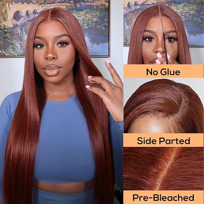 Julia Hair 12A Bye Bye Knots Glueless Wig Reddish Brown Yaki Straight Virgin Human Hair Pre Cut 7x5 HD Lace Front Wigs Invisible Knots Pre Plucked Pre Bleached Auburn Copper Wig 150% Density 26 Inch