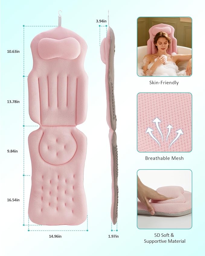 Full Body Bath Pillow for Bathtub, 5D Thick Tub Pillow for Bathtub with 192 Non-Slip Suction Cups, Laundry Bag & Hook, Bathtub Pillow for Head, Neck & Back Support (Pink, 51"*15")