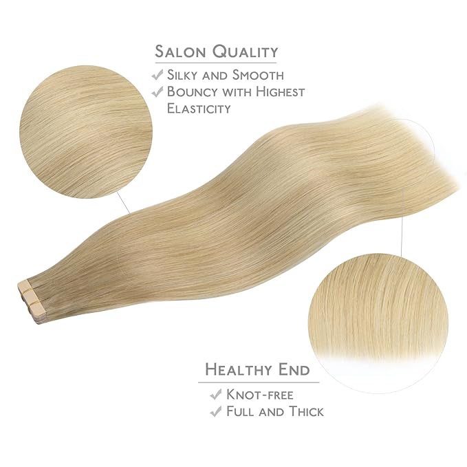 WENNALIFE Tape in Hair Extensions Human Hair, 20pcs 50g 24 inch Balayage Dirty Blonde to White Blonde Remy Hair Extensions Straight Human Hair Tape in Extensions Skin Weft Tape Extensions Human Hair