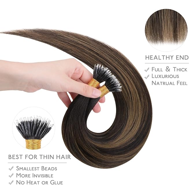 WENNALIFE Nano Bead Hair Extensions Human Hair, 50g 100s 16 Inch Balayage Dark Brown Mixed Chestnut BrownReal Human Hair Extensions for Women Invisible Nano Ring Hair Extensions Remy Hair Extensiones
