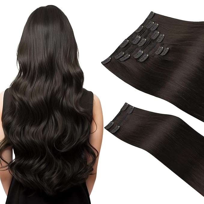 HOTBANANA Clip in Hair Extensions Real Human Hair, 150g 9pcs 20 inch Dark Brown Straight Remy Clip in Extensions Full Head for Women