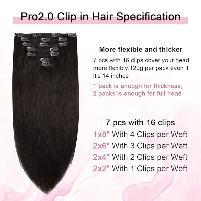 Pro2.0 Clip in Hair Extensions Real Human Hair 22inch 7pcs #2 Dark Brown Remy Real Hair Extensions Clip in Human Hair 120g Thick Double Weft for Women（#2-22inch）