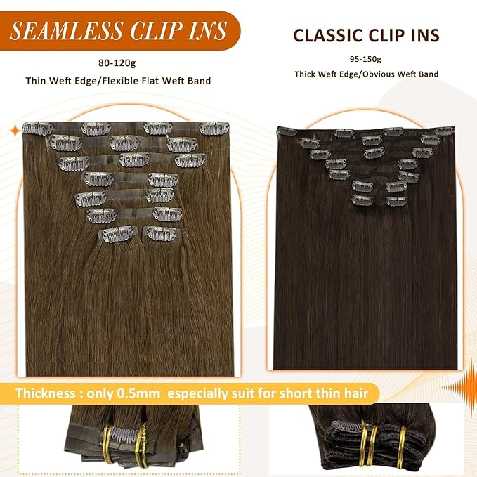 Full Shine Brown Clip in Human Hair Extensions 18 Inch Seamless Clip in Hair Extensions,Pu Weft Medium Brown Real Human Hair Clip in Extensions Straight Brazilian Hair 8 Pcs 120G