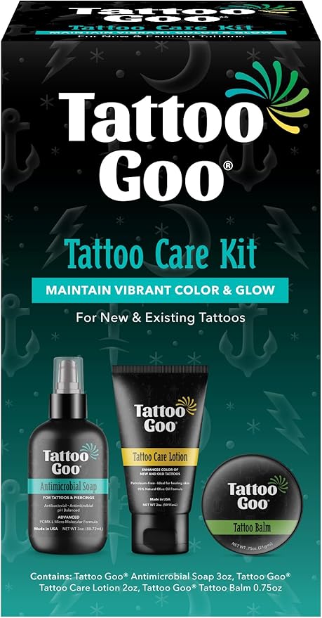 Tattoo Goo Aftercare Kit Includes Antimicrobial Soap, Balm, and Lotion, Tattoo Care for Color Enhancement + Quick Healing - Cruelty-Free, Petroleum-Free, Tattoo Artist Gifts (3 Piece Set)