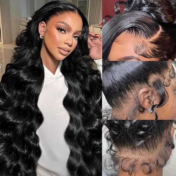 360 Lace Front Wigs Human Hair 220% Density Hidden Straps Body Wave HD Lace Front Wigs with Drawstring 360 Full Lace Wigs Brazilian Virgin Human Hair Wig for Women Natural Black 34Inch