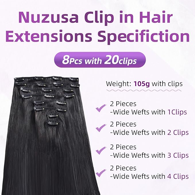 Clip in Hair Extensions Real Human Hair,100% Brazilian Remy Human Hair Extensions for Women,1B Natural Black 8pcs Per Set with Double Weft,20inch 105g,Straight