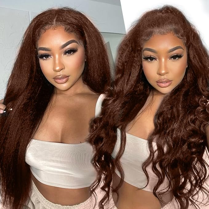 18 Inch Brown Kinky Straight Clip in Hair Extensions Real Human Hair for Black Women Yaki Straight Clip ins unprocessed Brazilian Remy Human Hair Extensions Yaki clip ins hari extensions double weft