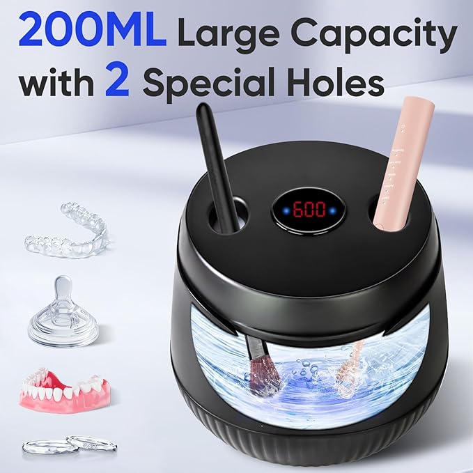 MySmile Dental Ultrasonic Retainer Cleaner Machine- 45kHz UV Denture Cleaner with 200ML Capacity for Aligner, Braces, Mouth Guard, Night Guard, Portable Dental Cleaning Pod with Digital Timer (Black)
