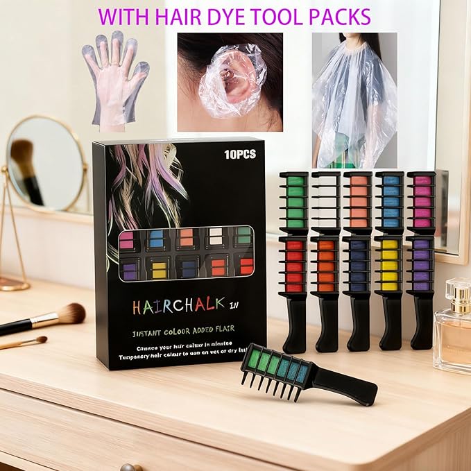 10 Colors Hair Chalk Combs Set with Gloves, Disposable Cape & Shawl, Temporary Washable Hair Color for Teens & Adults, Easy-Apply Comb Design for Cosplay, Party & New Year Styling