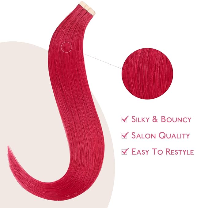 WENNALIFE Tape in Hair Extensions Human Hair Red Tape in Extensions, 10pcs 30g 26 inch Remy Invisible Tape Ins Straight Colored Soft Real Human Hair Tape in Extensions Refill Set Extensions