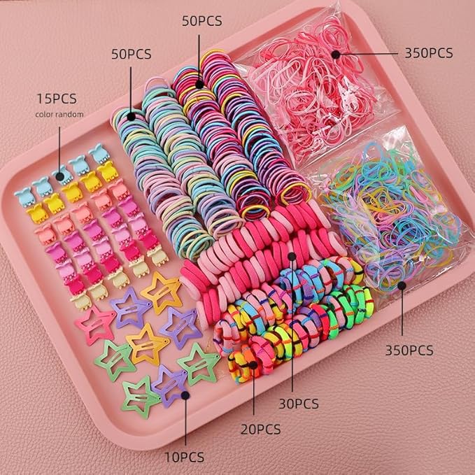 889 pcs Elastic Hair Ties for Girls Hair Accessories Ponytail Holders Colorful Rubber Bands Set with 14 pcs Cute Hair Clip