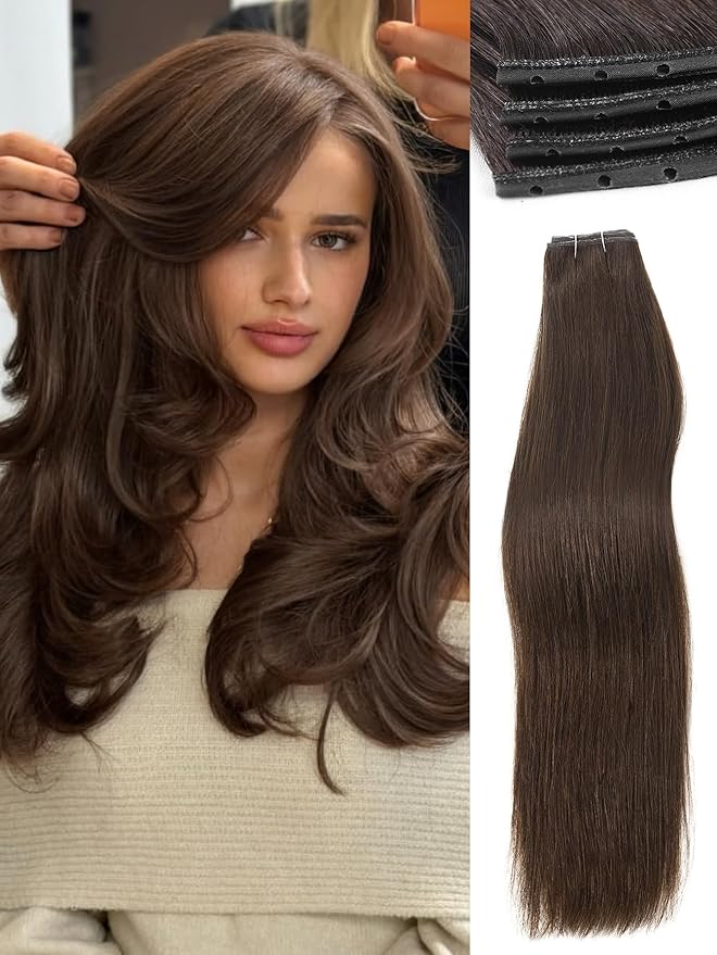 WIGNEE Double Invisible PU OVO Human Hair Extensions 100% Remy Hair Weft Brown Hair Extensions Human Hair 2 PCS 16 Inch No Glue Genius Micro Bead Real Human Hair Extensions (2)
