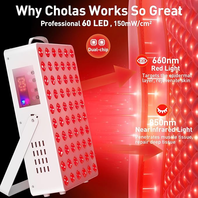 Cholas Red Light Therapy Panel for Face and Body, 150W with 60 Dual Chip LEDs, 660nm Red Light and 850nm Near Infrared, 3 Modes Adjustable Brightness and Timer, for Skincare and Relaxation (White)