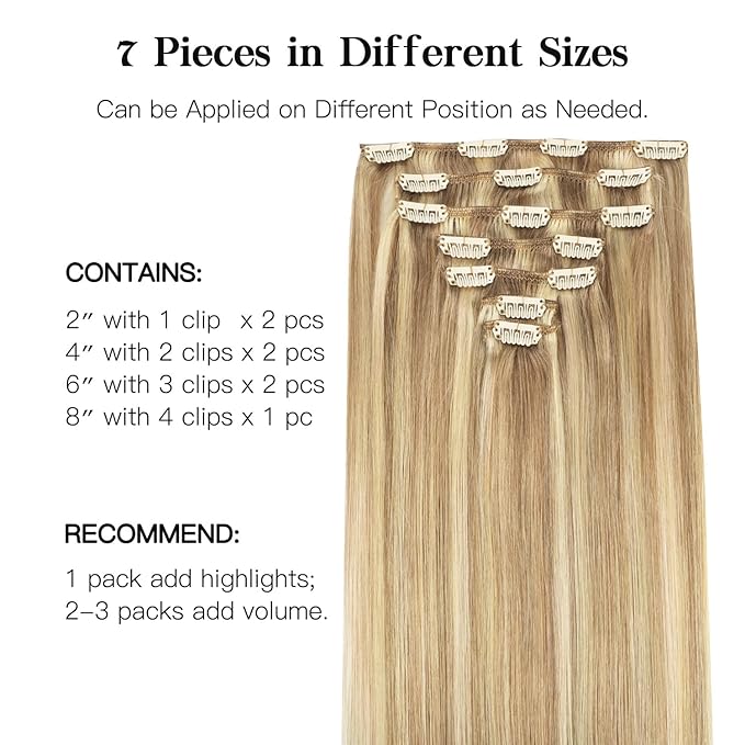 HOTBANANA Human Hair Clip in Hair Extensions, Balayage Light Blonde Highlighted Golden Blonde 75g Clip in Hair Extensions Real Human Hair Straight Remy Hair Extensions 12 Inch 7pcs