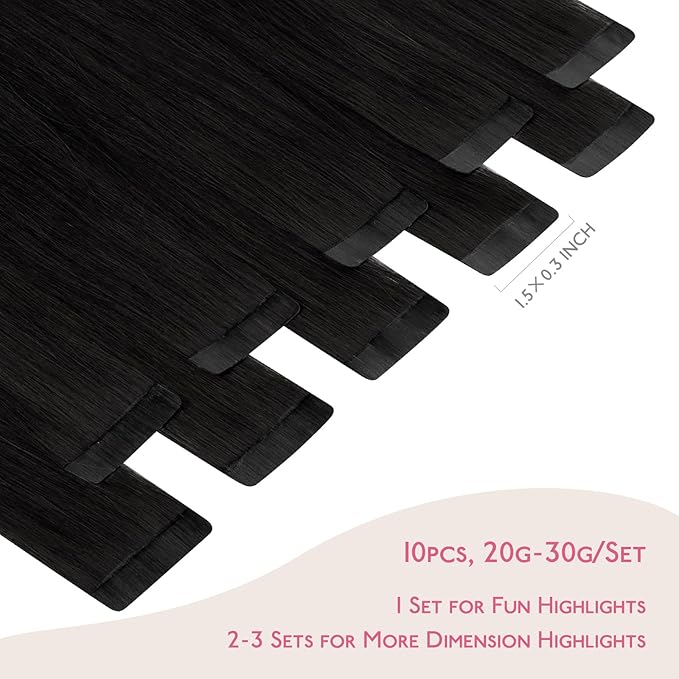 WENNALIFE Tape in Hair Extensions Human Hair Jet Black Tape in Extensions, 10pcs 30g 24 inch Remy Invisible Tape Ins Straight Colored Soft Real Human Hair Tape in Extensions Refill Set Extensions
