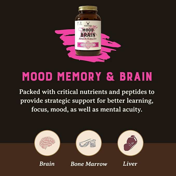 HEART & SOIL – 100% Grass Fed & Finished Beef Brain Supplement from Regenerative Cattle – for Cognitive Function & Memory – 3000mg Focus Supplement with Beef Organs – Glass Bottle – 180 Capsules