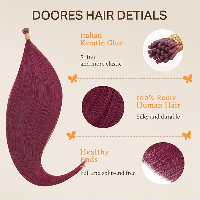 Doores I Tip Hair Extensions, Burgundy Red 18 Inch 25g, Natural Straight, Human Hair Extensions