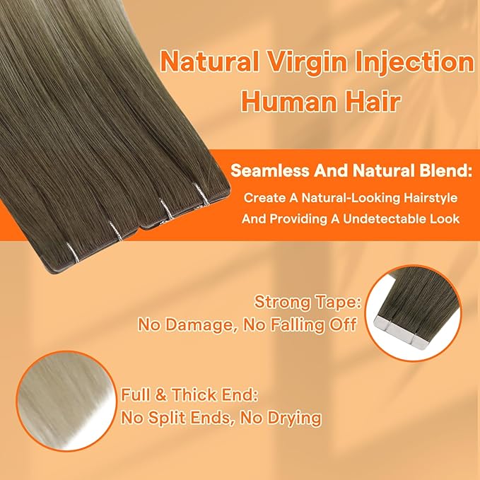 Full Shine Insert Tape in Hair Extensions Color 4/7/80 Medium Brown and Blonde Seamless Injection Tape in Extensions Human Hair 20Inch Soft Remy Real Extensions 25Gram 10Pcs for Wedding