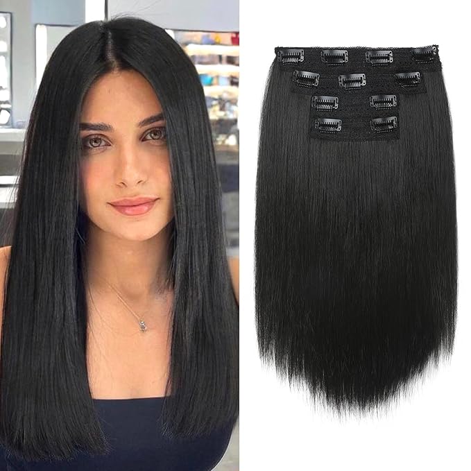 Hair Extensions, 14" Short Clip in Hair Extensions 4PCS Straight Natural Soft Synthetic Hairpiece for Women - Black