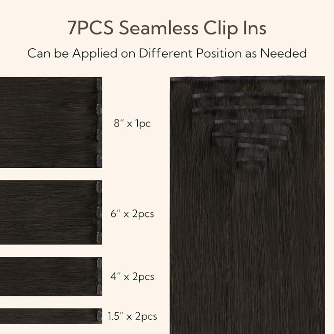HOTBANANA Seamless Clip in Hair Extensions, 24 Inch 140g 7pcs Dark Brown Invisible PU Skin Weft Straight Remy Human Hair Extensions