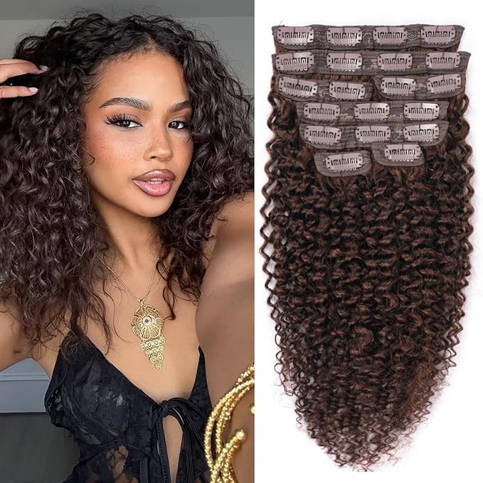Brown Curly Clip In Extension Human Hair 14 Inch Brown Kinky Curly Clip in Hair Extensions Real Human Hair Brazilian Remy Human Hair Extensions for Women Per Set with 20 Clips Double Weft 8Pcs 110g