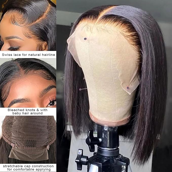 Bob Wig Human Hair 13x4 Frontal Lace Wig 200% Density HD Lace Front Wigs Human Hair Pre Plucked Bob Wigs for Women (12inch)