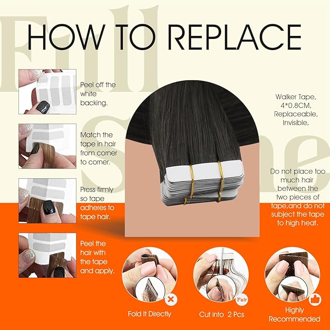 Full Shine Mocha Brown Tape in Hair Extensions Human Hair Color 1C Tape Hair Extensions Real Human Hair 16Inch Straight Soft Extension 50G 20Pcs Add Volume Thick End for Wedding