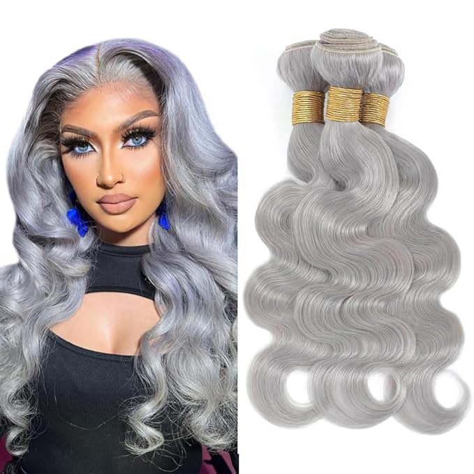 Silver Human Hair Bundles Grey Body Wave Bundle 24 26 28 Inch Gray Hair Weave 3 Bundles Gray Color Long Hair Extensions