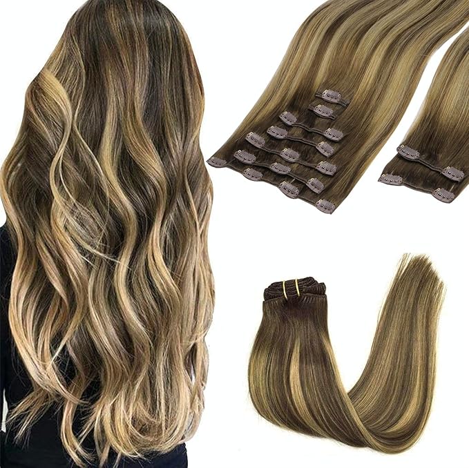 GOO GOO Clip in Hair Extensions Real Human Hair, Remy Human Hair Extensions Clip ins for Women, Natural Human Hair, 18inch 150g 9Pcs, 4/27/4 Balayage Chocolate Brown to Caramel Blonde