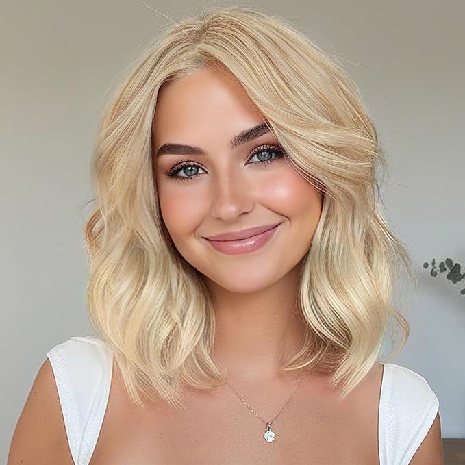 AISI HAIR 14 Inch Beach Gold Wigs for Women - Shoulder Length Wave Wig with Pre-Cut Lace Hairline, Middle Part Natural Wavy Bob Synthetic Heat Resistant Fiber for Daily and Party