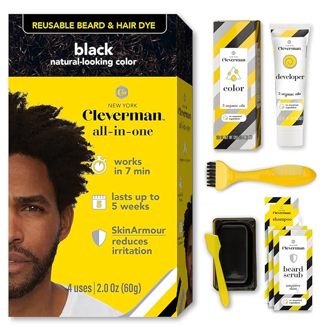 Cleverman Hair & Beard Dye Kit for Men, All-in-One Reusable Mens Hair Color, Natural Gray Coverage, Ammonia-Free Beard Mustache Dye for Men (Black for Black Men, 2 Ounce (Pack of 1))