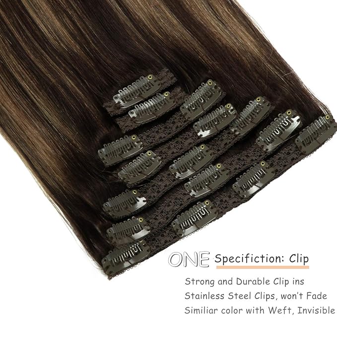 Caliee 14 Inch Clip in Human Hair Extensions Ombre Color B2/6 Darkest Brown to Chestnut Brown Straight 120G Remy Hair Extensions Clip in Human Hair 7Pcs Real Natural Hair Extensions