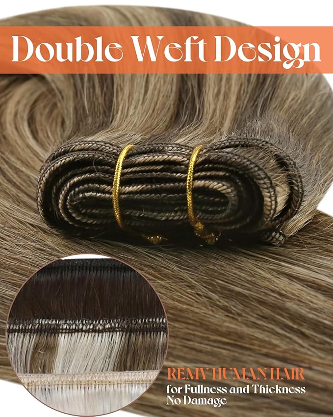 Sunny Hair Weft Hair Extensions Human Hair 18inch Sew in Hair Extensions Real Human Hair Highlights Human Hair Weft Extensions Dark Brown Mix Caramel Blonde Natural Hair Weft for Women 100g