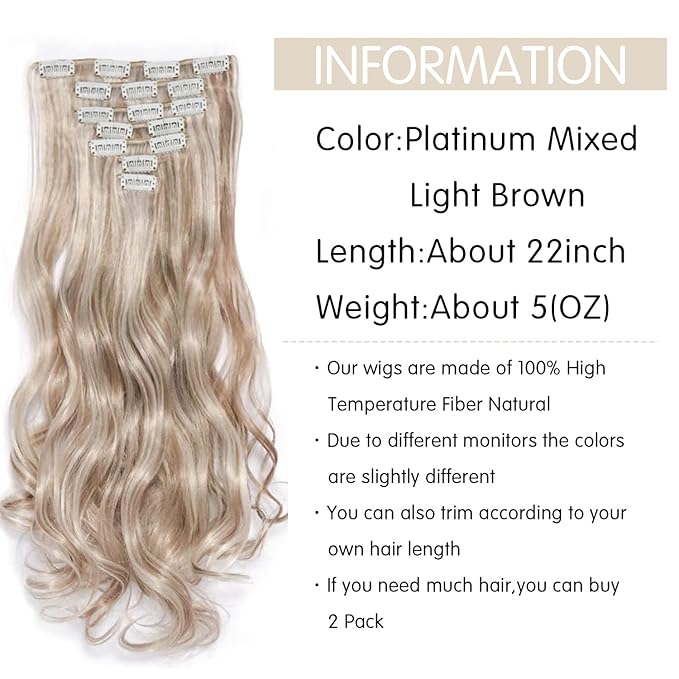 22 Inch Clip In Hair Extensions 7 PCS Long Wavy Synthetic Hair Extension & Natural Soft Invisible Clip Thick Hairpieces for Women Daily(20Inch, 7pcs, Platinum Mixed Light Brown)