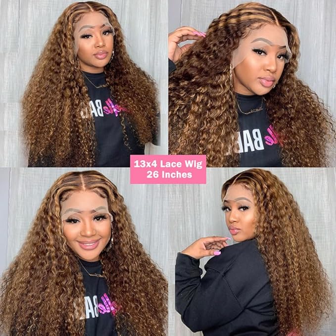 Highlight Ombre Deep Wave Lace Front Wig Human Hair Pre Plucked 13x4 HD Transparent Lace Frontal Wigs 180% Density 22 Inch Curly Glueless Wig for Black Women