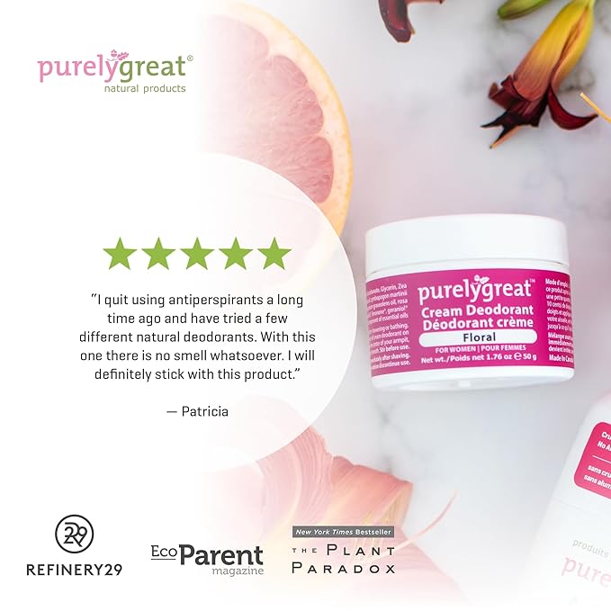 Purelygreat - Floral Scent Cream Deodorant, Chemical-Free Hygiene Essentials for Women, Natural Deodorant for Men with Soda & Corn Starch, No Sticky Residue, Parabens & BPA, 1.76 oz / 50 g