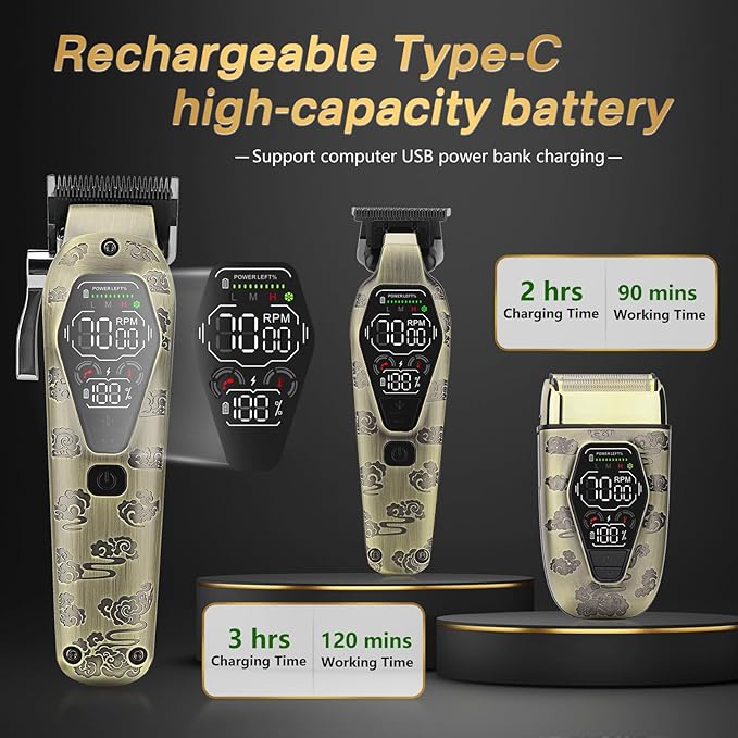 Professional Hair Clippers for Men T-Blade Barber Clippers and Trimmer Set Nose Hair Trimmer Foil Shavers for Men Clippers for Hair Cutting, LCD Display