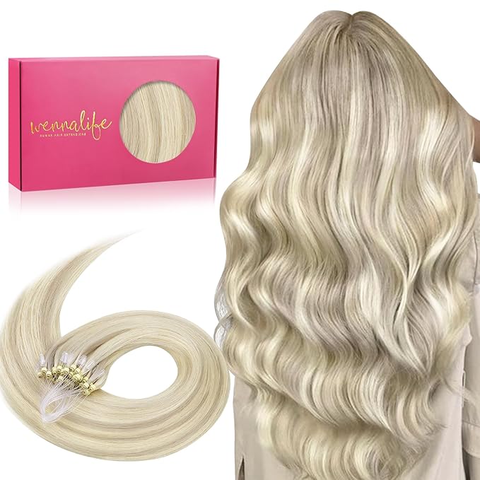 WENNALIFE Microlink Hair Extensions Human Hair, 50g 50s 16 Inch Ash Blonde Highlighted Platinum Blonde Remy Hair Microbead Micro Link Microloop Microring Invisible Straight Natural Fusion Installation