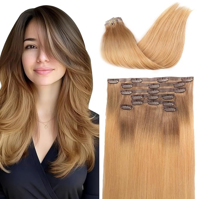 Seamless Clip in Hair Extensions Real Human Hair For Women 125g 20 Inch Medium Brown and Light Golden Brown Balayage Invisible PU Skin Weft Remy Human Hair Extensions clip ins 7Pcs 18 Clips