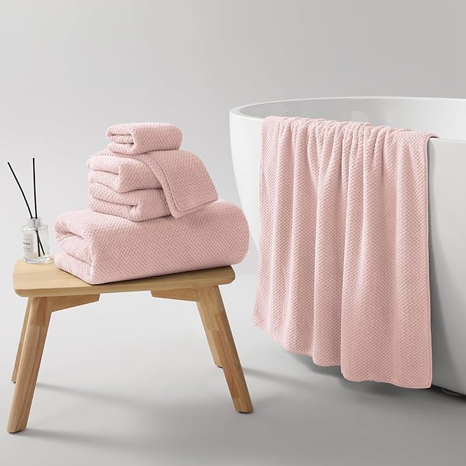 REDKISS Pink Towel Set, 6 Piece Premium Soft Bath Towel Set, Highly Absorbent Luxury 6-Pack with 2 Bath Towels, 2 Hand Towels, 2 Washcloths for Bathroom, Gym, Hotel, and Spa Daily Use