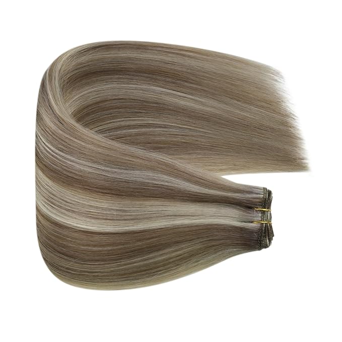 Fshine Sew in Real Human Hair 14 Inch 100 Gram Light Brown Highlighted Platinum Blonde Weft Remy Hair Extensions Double Weft Sew in for Women