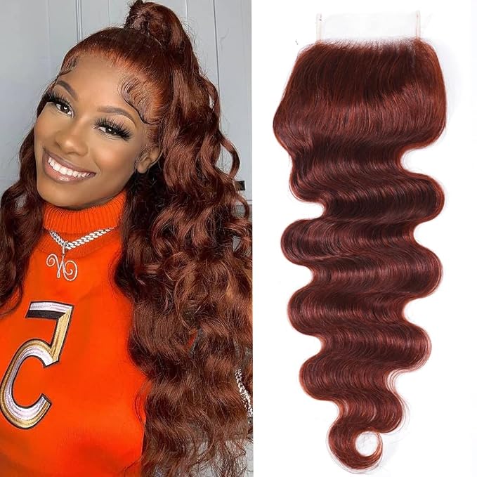 UNICE Reddish Brown Body Wave Human Hair 4x4 Lace Closure Free Part, Brazilian Human Remy Hair Auburn Brown Body Wave Human Hair Closure 33B Color 14 inch