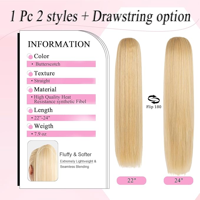 Ponytail Extension, 24" Long Straight Claw Clip Ponytail Extension clip on ponytails hair clip Hair claw clip Fake Ponytail Hairpieces for Women - ButterScotch