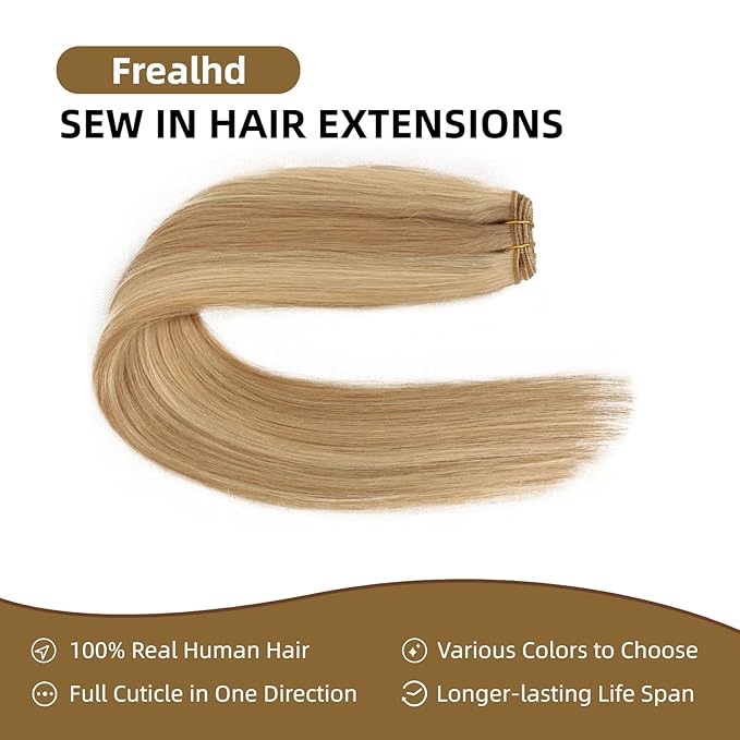 Sew in Hair Extensions Real Human Hair, 110g 22 inch Ash Blonde Highlighted 613 Bleach Blonde Human Hair Weave Extensions Remy Straight Bundles Double Weft