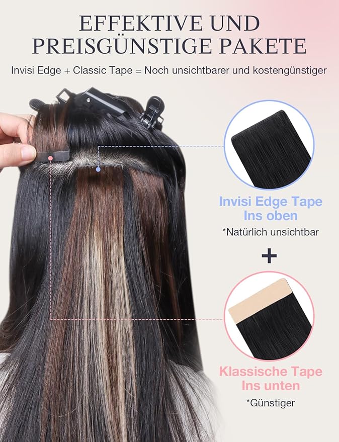 DOORES Invisible Tape in Hair Extensions Real Human Hair Invisi Edge, Jet Black 10pcs Injection Tape-ins 25g 18 Inch, Virgin Human Natural Injected Tape in Extensions Straight